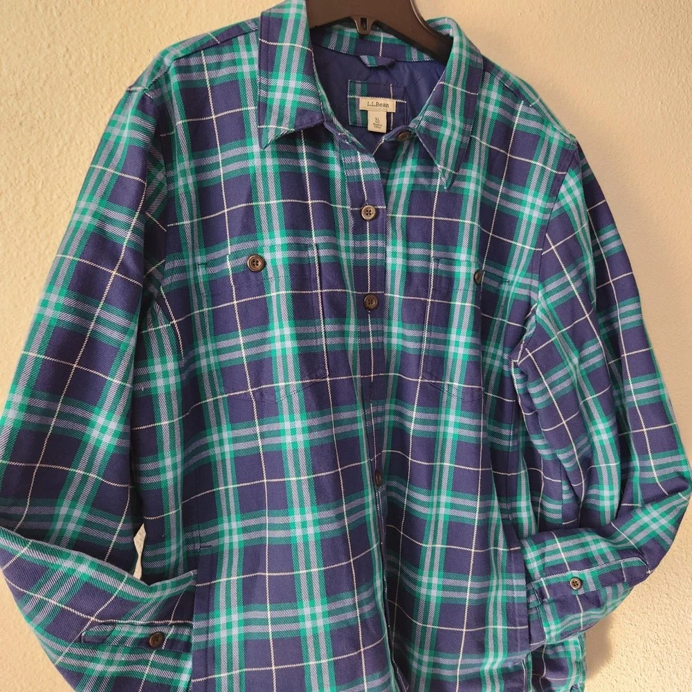 L.L. Bean Lined Flannel plaid Blue & Green Womens‎ XL